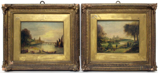 Coppia paesaggi francesi con figure, olio su tavola, XIX sec., cm. 15x20, entro cornice.