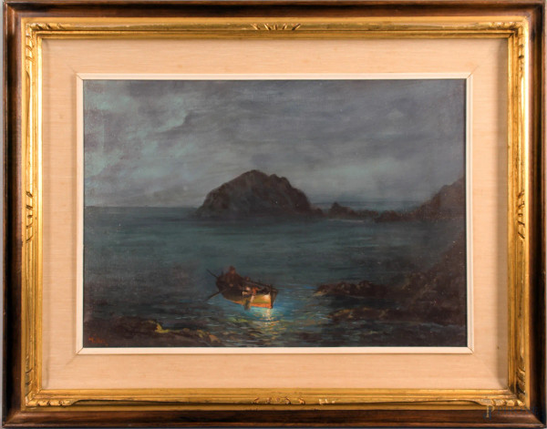 Marina notturna con imbarcazione, olio su tela, cm. 36x50, firmato Millus, entro cornice.
