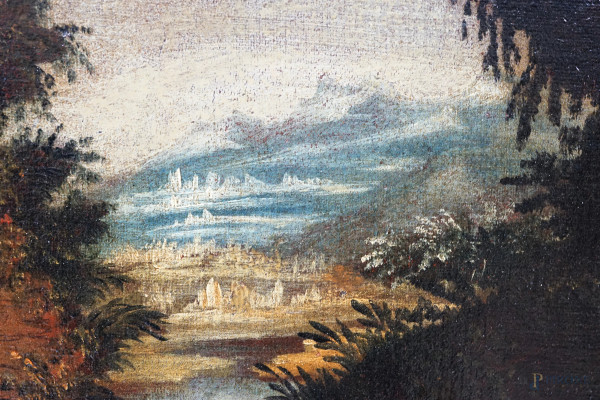 Scuola emiliana del XVIII secolo, Natura morta di frutta entro un paesaggio, cm 89,5x117,5, entro...