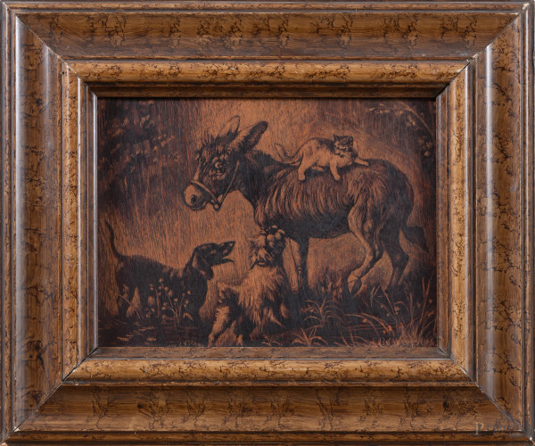 Nella stalla, XX secolo, pirografia su legno, cm 18x24, entro cornice, (segni di usura, difetti)