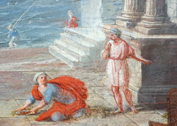 Scuola napoletana del XVII-XVIII secolo, coppia di vedute marine con capricci architettonici e fi...