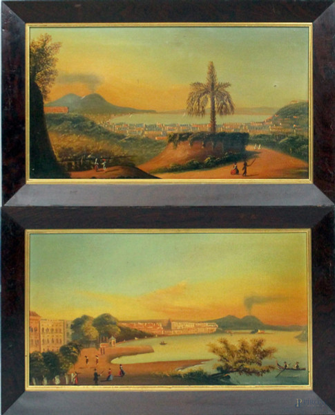 Coppia di vedute del Golfo Napoletano su sfondo Vesuvio, olio su tela, cm. 28,5x49,5, inizi XX secolo, entro cornice.