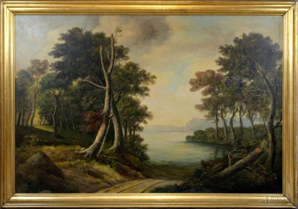 Giuseppe Cafaro - Paesaggio lacustre con sentiero, olio su tela, cm. 100x150, entro cornice, (difetti alla tela).