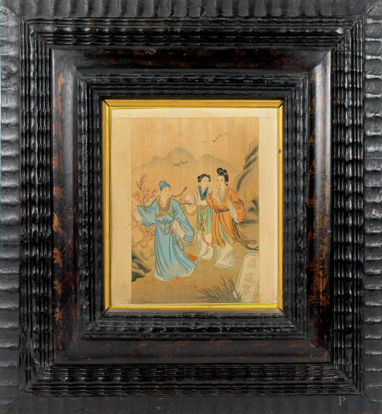 Paesaggio con figure, dipinto su seta, cm. 17x14,5, arte orientale, entro cornice.