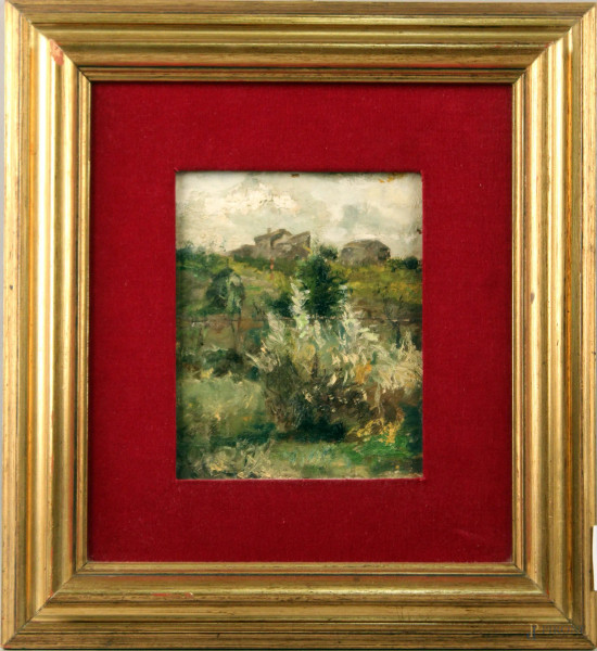 Paesaggio con case, olio su tavola, cm. 19x15, dipinto anche su retro, entro cornice.