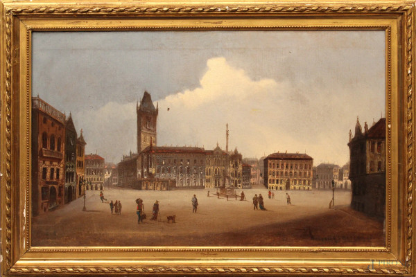 Piazza di citt&#224; del nord Europa con personaggi, olio su tela 67x41 cm, firmato, XIX sec, entro cornice.