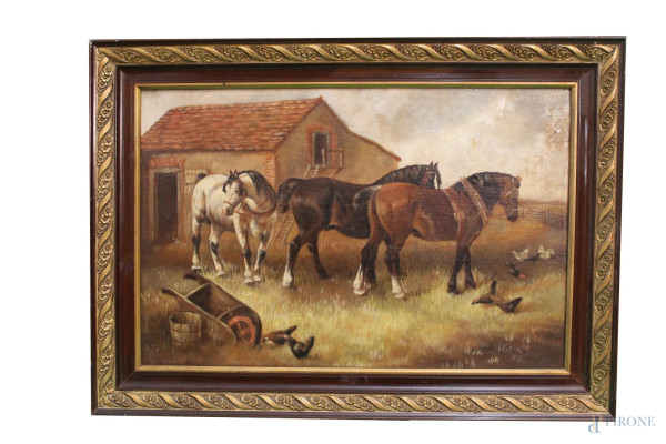 Esterno con cavalli, olio su tela, 60x40 cm, entro cornice.