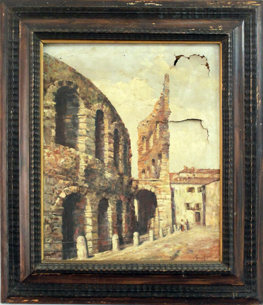 Archimede Santi - Scorcio di anfiteatro, olio su tela, cm. 50,5x40, entro cornice (difetti sulla tela).