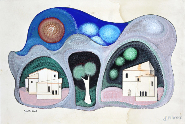 Mario Gallorini - Paesaggio, tecnica mista su carta, applicata su masonite, cm 35x50