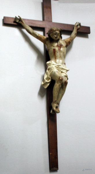 Cristo in carta pesta policroma su croce in ebano, H 110 cm.