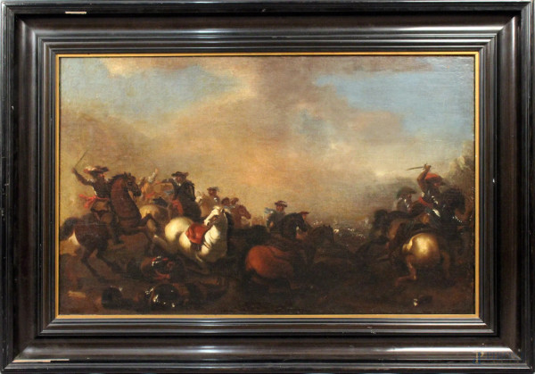 Battaglia, olio su tela, cm. 61x97, XVIII secolo, entro cornice.