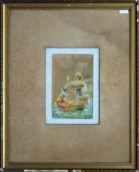 Figure orientali, acquarello su carta, cm 18 x 27, firmato, entro cornice.