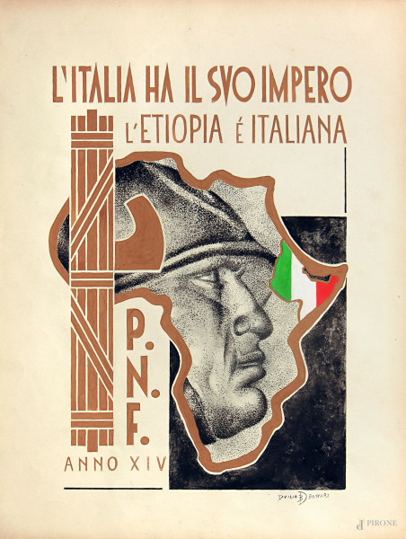 Propaganda fascista - L’Italia ha il suo Impero, dipinto a tempera su carta del maestro Duilio Bottari (XX sec.), cm 44x33, firmato, entro cornice