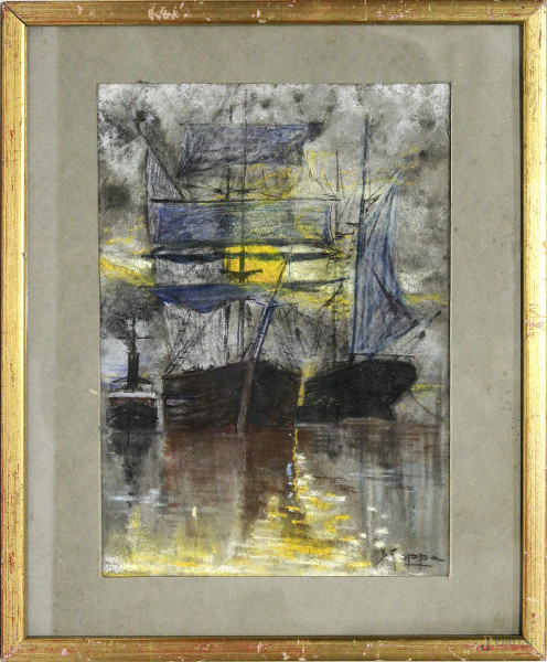 Porto con barche, pastello su carta 26x18 cm, firmato Scoppa, entro cornice.