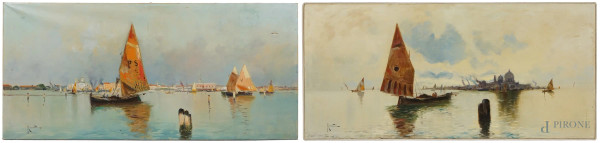 Oscar  Ricciardi - Coppia di vedute di Venezia, olio su tela, cm 59x128, (difetti)