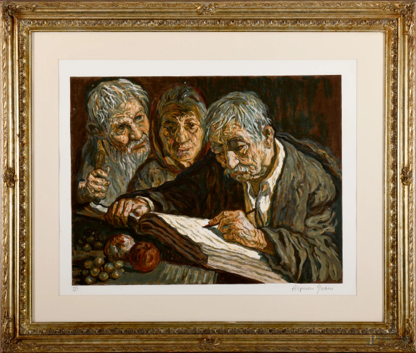 Alfonso Grassi - Il libro mastro, litografia su carta, esemplare II°, firmato in basso a destra, cm 69x86 compreso passepartout