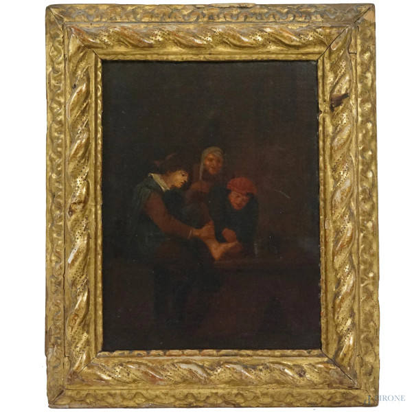 Scuola fiamminga del XVII secolo, Il medicamento, olio su tela, cm 28x34, entro cornice.