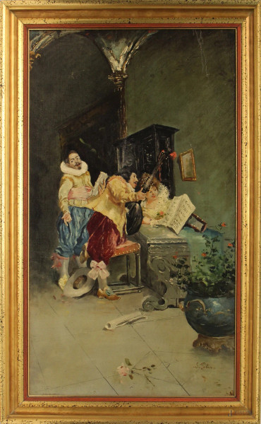 Giuditta e Oloferne, pittore del XVIII sec, ad olio su tela, 72x99 cm, entro cornice.
