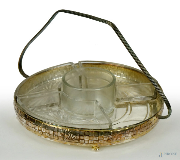 Antipastiera in metallo argentato, vaschette interne in vetro controtagliato, cm 17x31x25,5, (difetti, mancante una vaschetta)