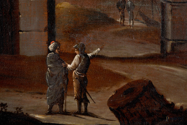Scuola Romana del XVIII secolo, Paesaggio con architetture e rovine, olio su tela, cm 63,5x126 en...