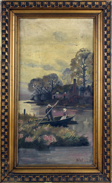 Paesaggio fluviale con imbarcazione e figure, olio su cartone telato, cm 57x30, firmato, entro cornice