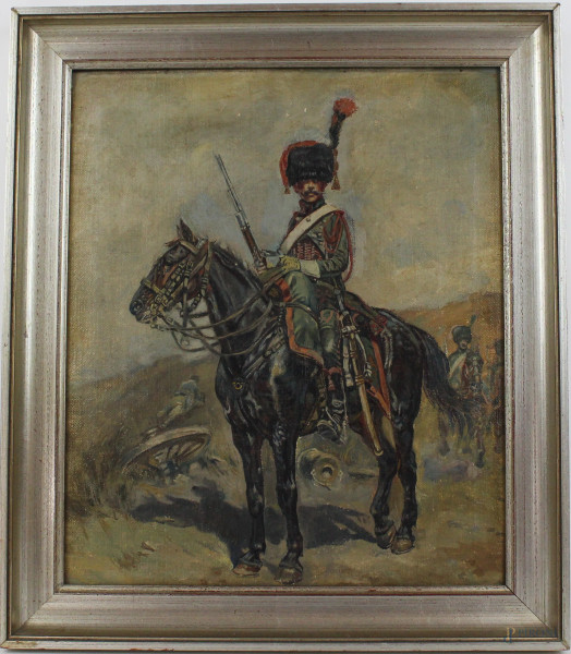 Ussaro a cavallo, olio su tela, cm 39x33, XX secolo, entro cornice