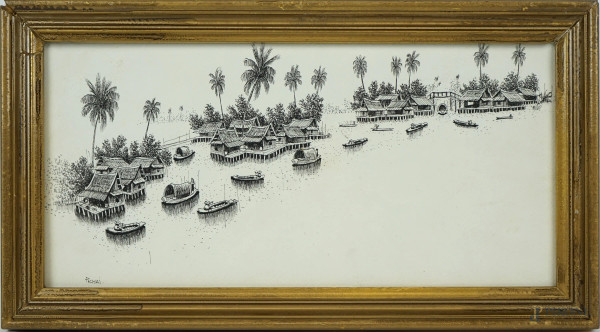 Villaggio su palafitte-Thailandia, china su carta, cm 16x33, firmato in basso a sinistra, entro cornice