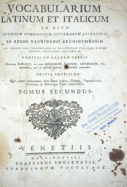 Vocabularium Latinum et Italicum, tomus secundus, Venezia, 1788, (difetti)