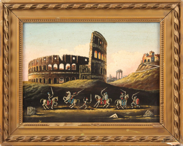 Veduta del Colosseo con cavalieri, olio su rame, 25x33 cm, entro cornice.