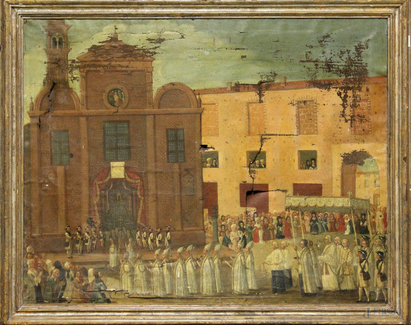 Pio VI in processione verso la cattedrale di Cesena, olio su tela 94x120 cm, scuola romagnola fine&#39;700.(difetti alla tela)