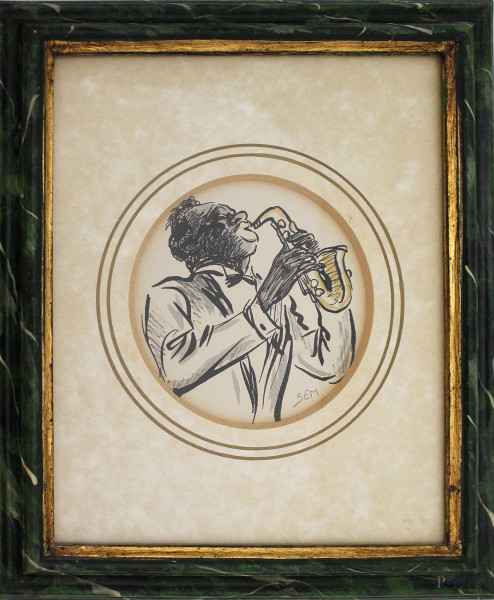 Suonatore di jazz, caricatura ad acquarello su carta,di linea tonda 13x12 cm,in cornice.
