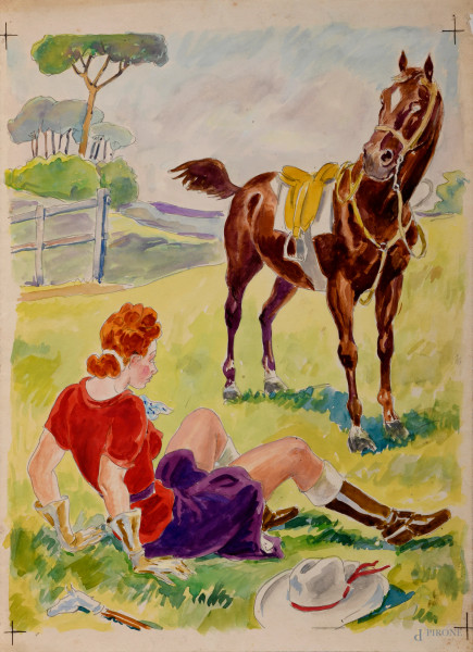 Luigi Bompard (1879 - 1953), La cavallerizza, tecnica mista su carta, cm 35x25, (lievi segni di usura del tempo)