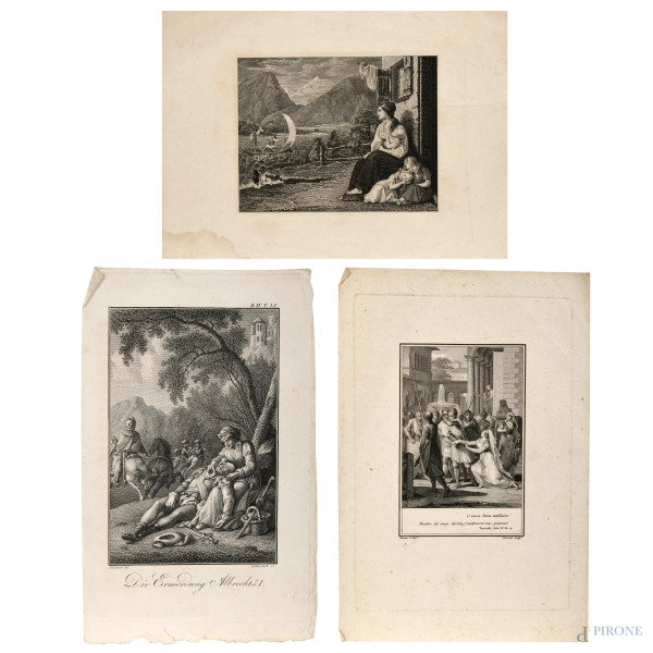 Lotto di tre incisioni "Die Ermoroung Albrechts I", "O mon Dieu tutélaire" e donna con bambini, XVIII-XIX secolo, misure massime cm 25,5x17,5, (segni di usura, tracce di umidità, gore, foxing, lacerazioni della carta, tracce di piegatura)