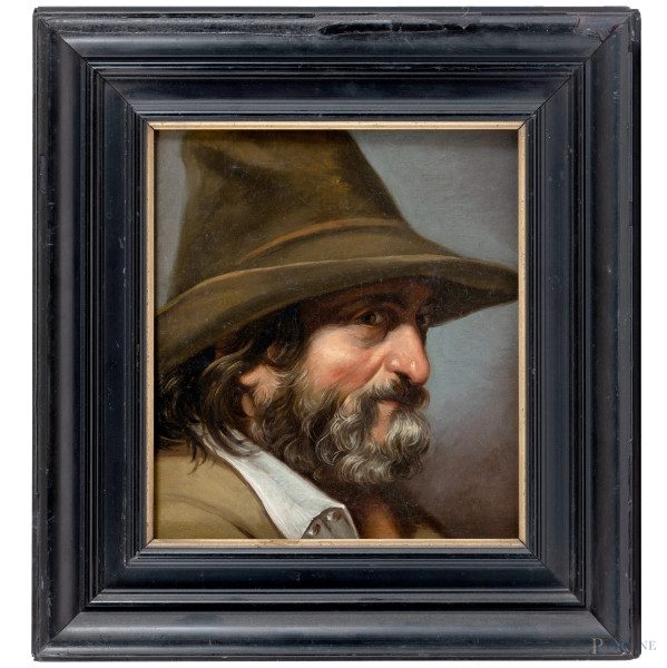 Ritratto di brigante, XX secolo, olio su tela, cm 29x26, entro cornice