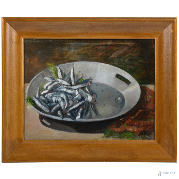 Natura Morta, olio su tela, XX secolo, cm 39,5x50, firmato in basso a destra, entro cornice