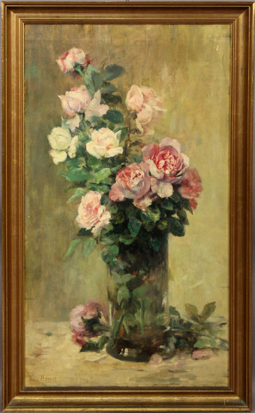 Vaso con fiori, olio su tela, cm. 73x41, firmato entro cornice.