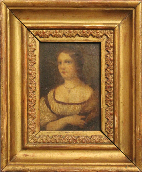 Ritratto di nobildonna, olio su tavola, XVIII sec., timbro a ceralacca sul retro, cm 12,5 x 9,5, entro cornice.