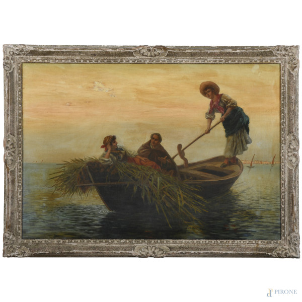 Pietro Gabrini (1856-1926), Ore liete, olio su tela, cm 71x96, firmato a destra, entro cornice, (sollevamenti di colore)