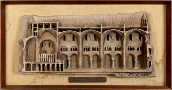 Duomo di Modena, altorilievo in pasta cementizia, cm. 23x49, firmata Mauro Reggiani, entro cornice.