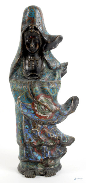 Guanyin in cloisonn&#232; e bronzo, altezza cm. 33, arte orientale, XX secolo.