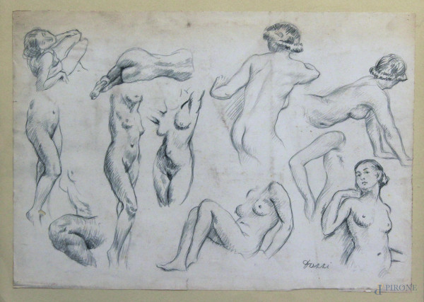 Studi di nudi, Disegno su carta, cm 50x35, entro cornice firmato Dazzi.