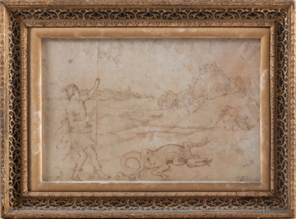 Antico disegno a inchiostro su carta pecora raffigurante San Giorgio e il drago, cm 19,5x29,5, monogramma in basso a destra, entro cornice, (segni di usura, tracce di umidità, difetti)