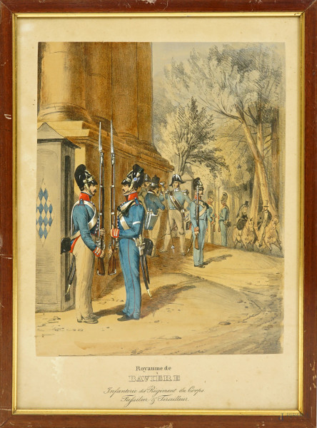 Stampa raffigurante il cambio della guardia del regimento di fanteria, Regno di Baviera, cm 34x24, entro cornice