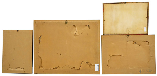 Lotto di quattro dipinti ad olio su tela e compensato raffiguranti soggetti diversi, misure max c...