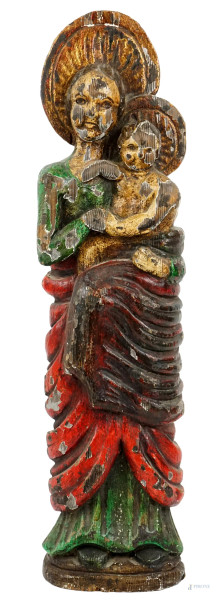 Madonna col Bambino, scultura in legno policromo, timbro Sucarrat Barcelona, XX secolo, cm h 59,5, (difetti). 