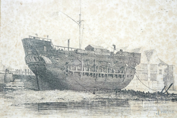 Lotto di 2 incisioni, raffiguranti una nave prigione spiaggiata ed un paesaggio con figure, XIX s...