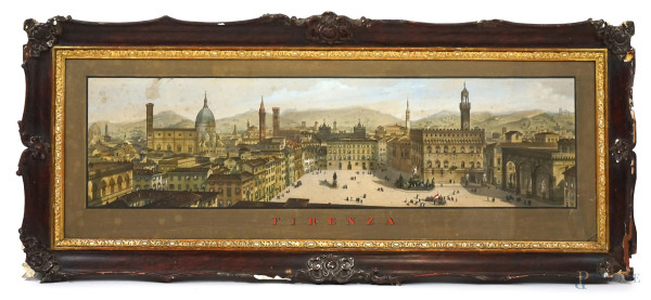Veduta di Firenze da Piazza della Signoria, stampa acquerellata, cm 34x99, XIX secolo,  entro cornice, (difetti).