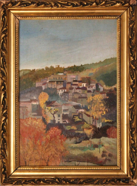 Paesaggio, olio su tavola, 30x20 cm, entro cornice a firma C. Montani