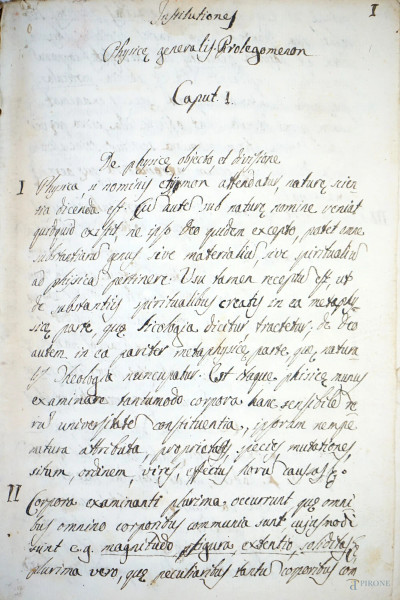 Antico volume manoscritto "Physicae Instituziones generalis" contenente appunti e disegni, (difetti e macchie)