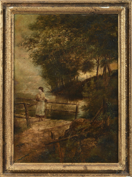 Paesaggio con figura, XIX -XX secolo, olio su tela, cm 53,5x38, entro cornice, (segni di usura, sollevamenti di colore, craquelure)